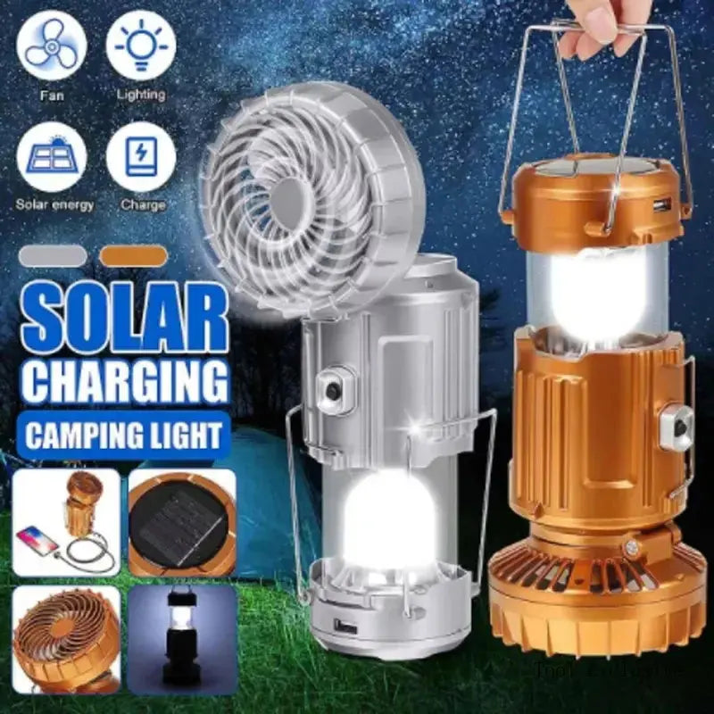 Solar Portable Camping Lanterns Electric Fan 1500mAh LED Solar Power Hanging Tent Rechargeable Outdoor Emergency Lamp with Fan